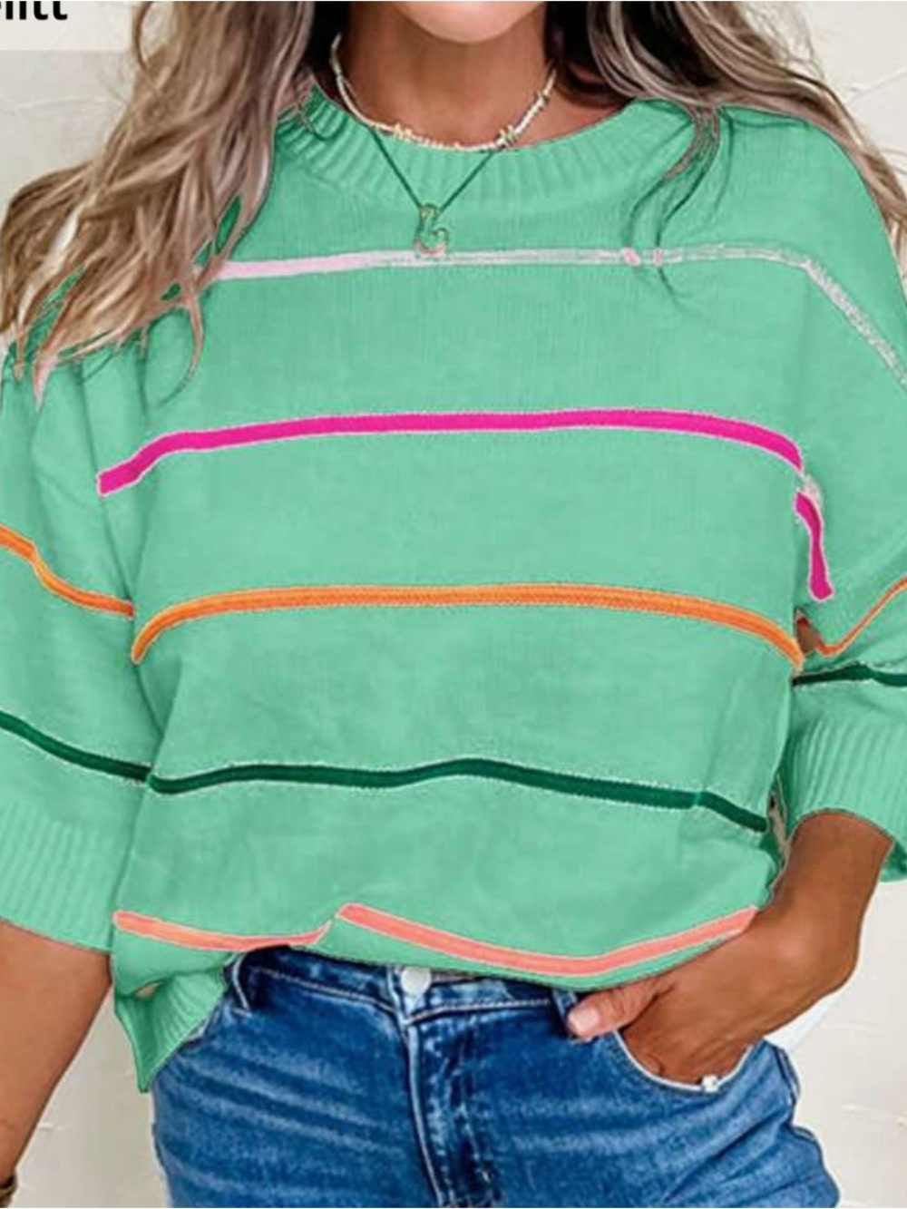 SHEIN Mint Striped Crewneck Sweater with Neon Accent Stripes